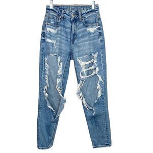 American Eagle Stretch Ripped Mom Jeans Size 00 Short Mid Rise Tappered Leg